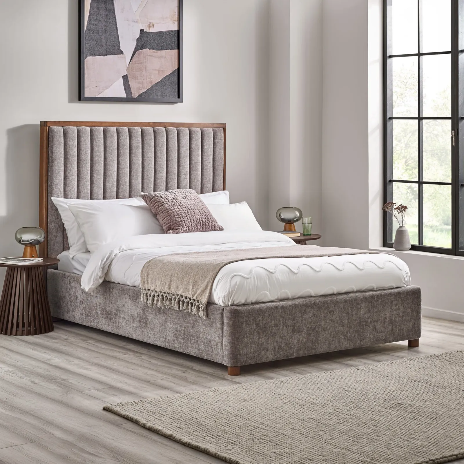 Whitmore - Double - High Headboard Bed - Grey/Walnut - Fabric/Wood - 4ft6