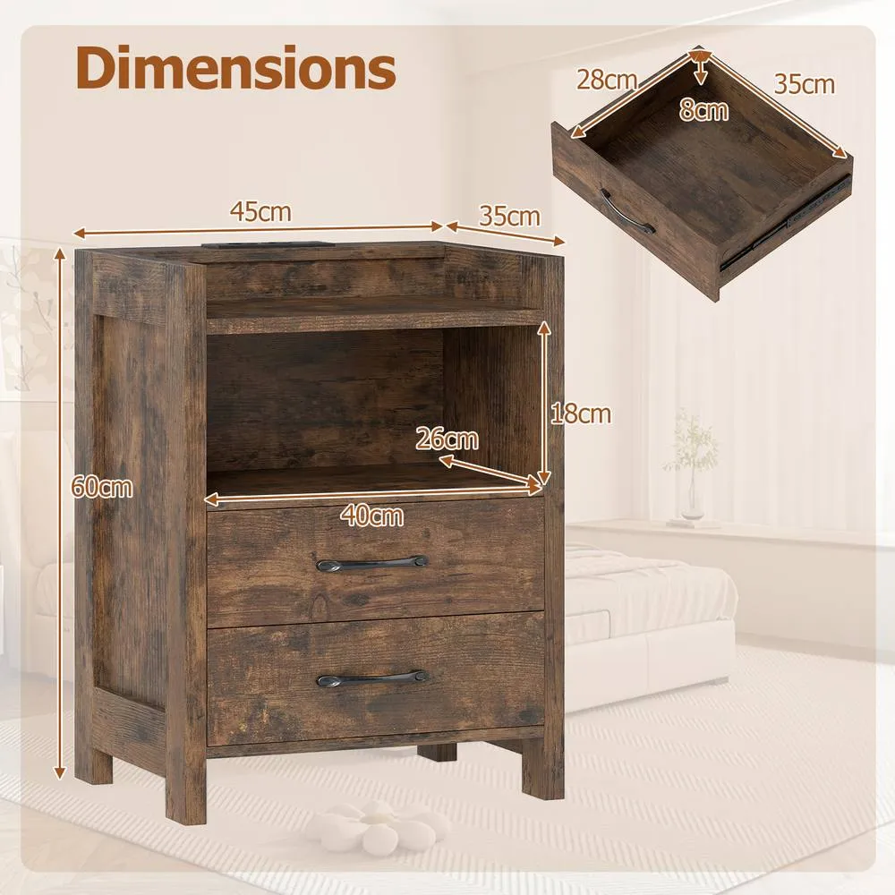 Costway LED Bedside Table with 2 Drawers Sofa Side Table with Power Outlets in Brown 2