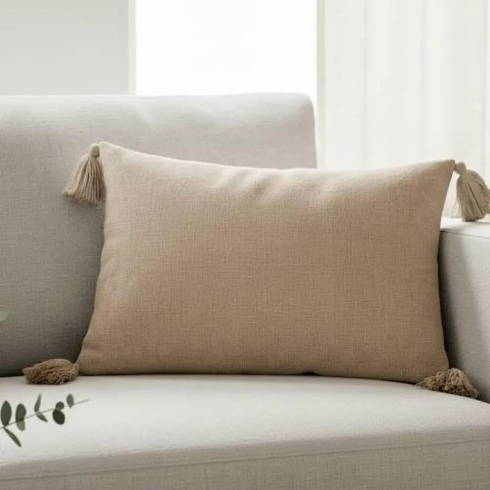 Madison & Mayfair Rectangular Cream Tassel Cushion in Light Beige