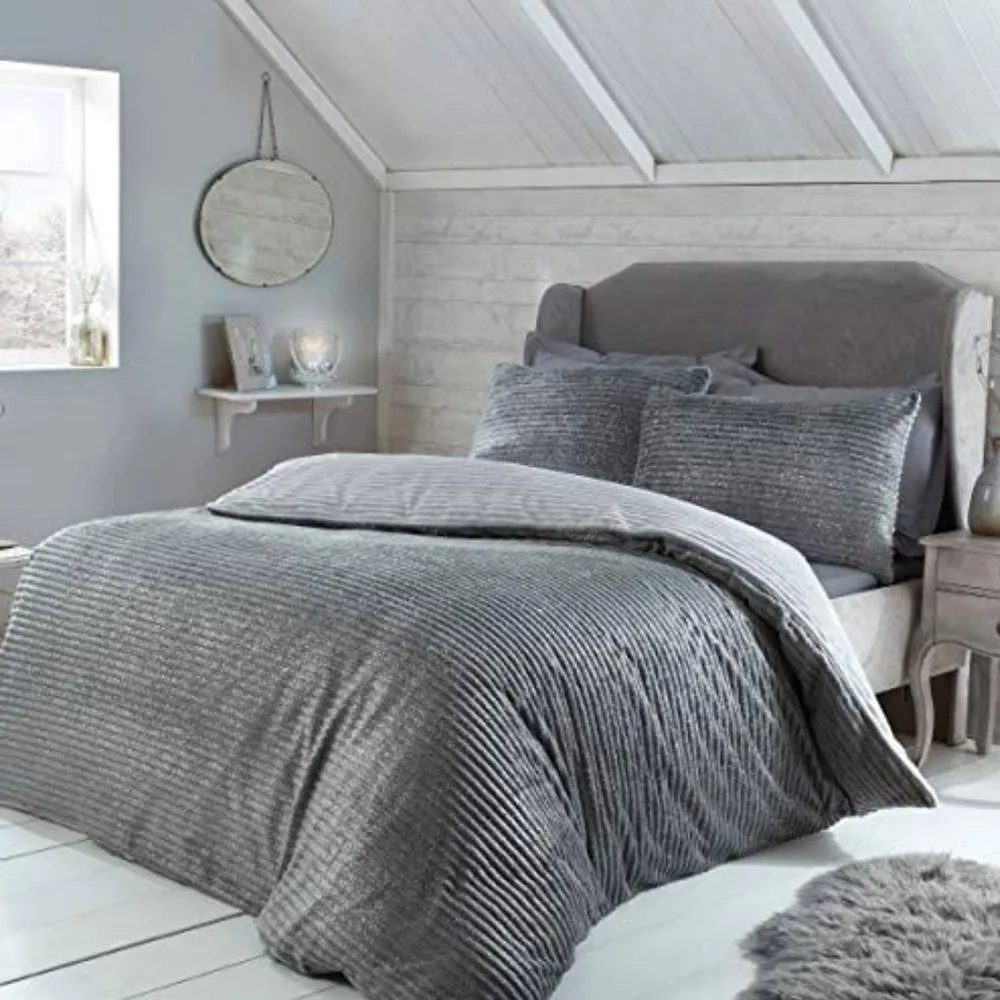 Smart Living Luxurious Reversible Sparkle Ribbed Fleece Duvet Cover & Pillowcases in Grey