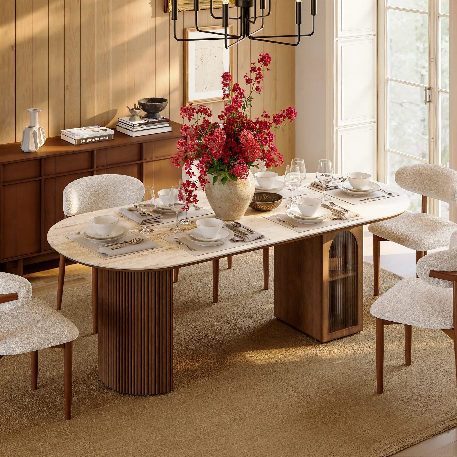 180 cm Faux Travertine Oval Dining Table with Fluted Base & Storage