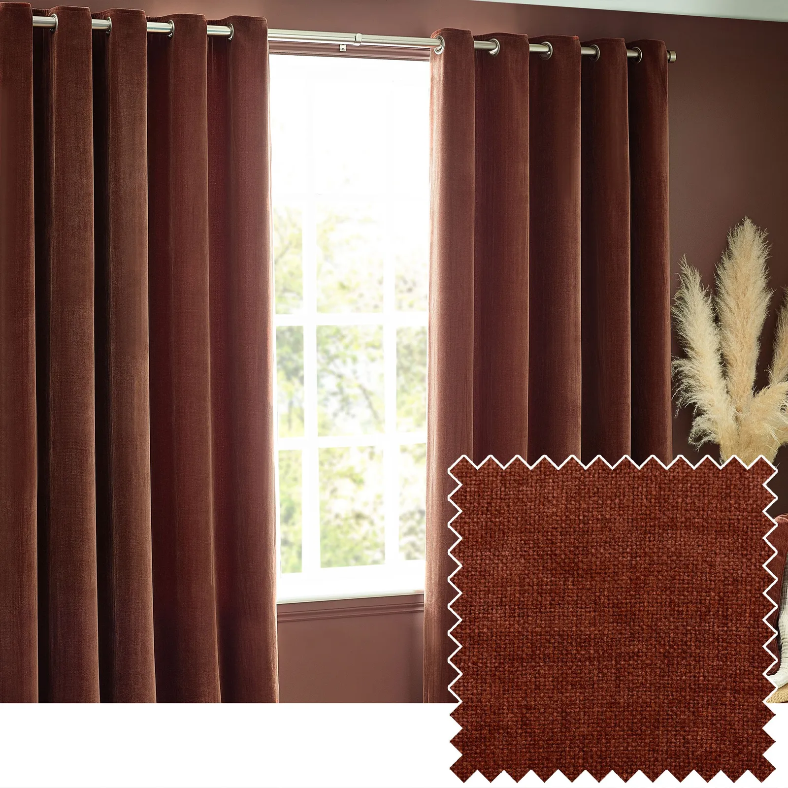 Yard Heavy Chenille Velvet Room Darkening Eyelet Curtain Pair in Light Brown