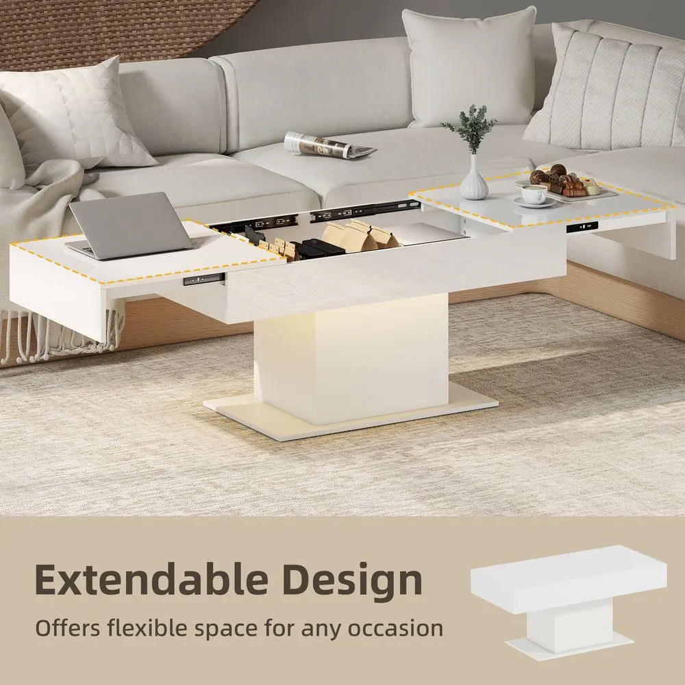 HOMCOM Extendable Coffee Table, Living Room Table with LED Lights, White 4