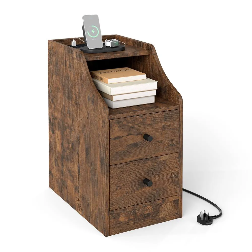 Costway Side End Table with Charging Station in Brown 6