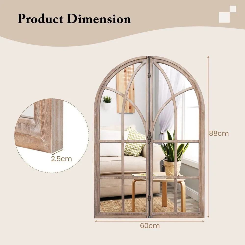 Costway Arched Window Pane Mirror Farmhouse Wall Mounted Decorative Mirror in Natural 2