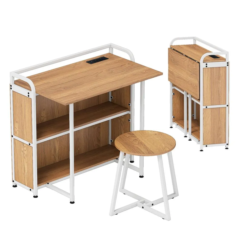 Costway Folding Table w/ Stool 90 cm Computer Desk Set w/ AC Outlets in Natural 2
