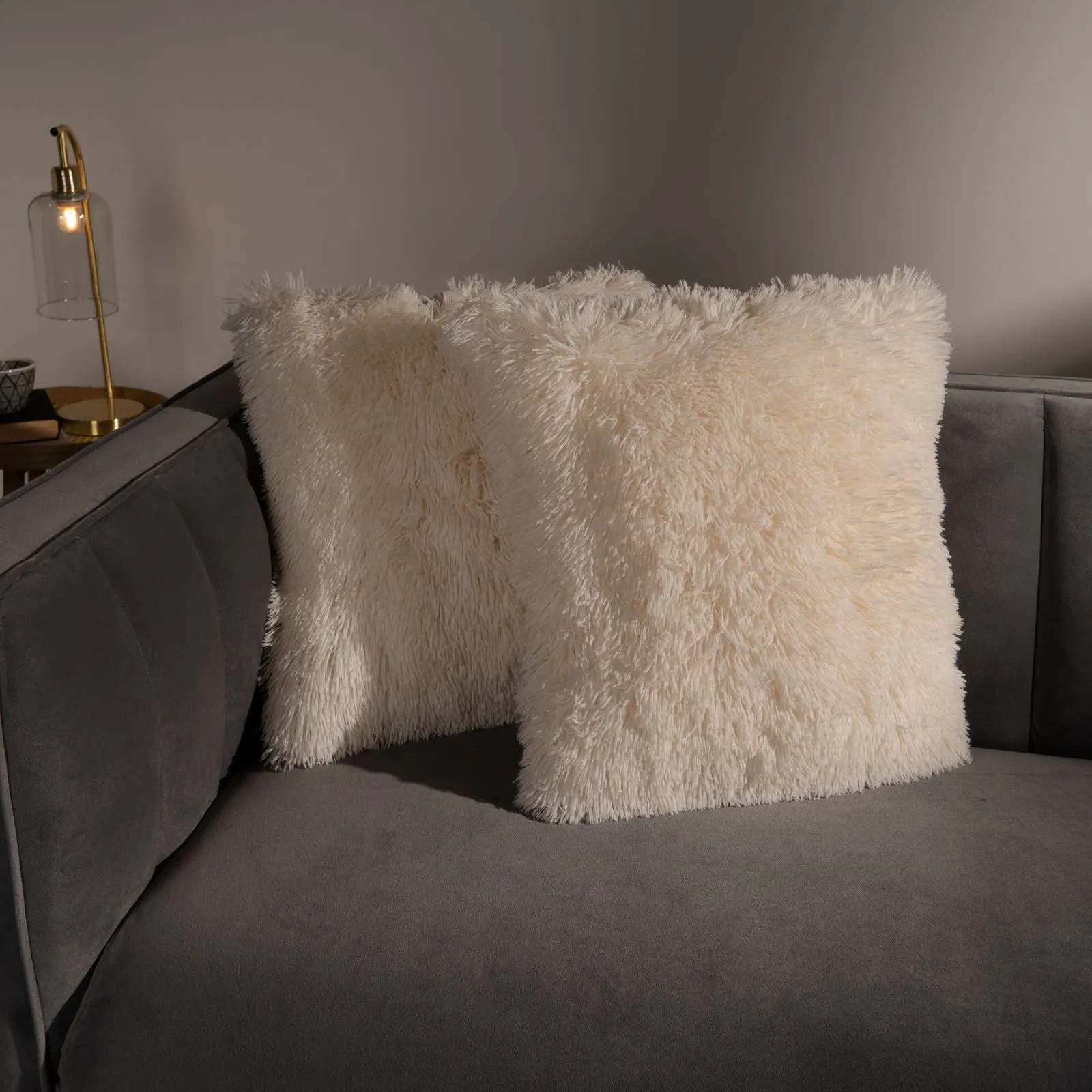 OHS Set of 2 Fluffy Shaggy Filled Cushion with Cover Square in Cream