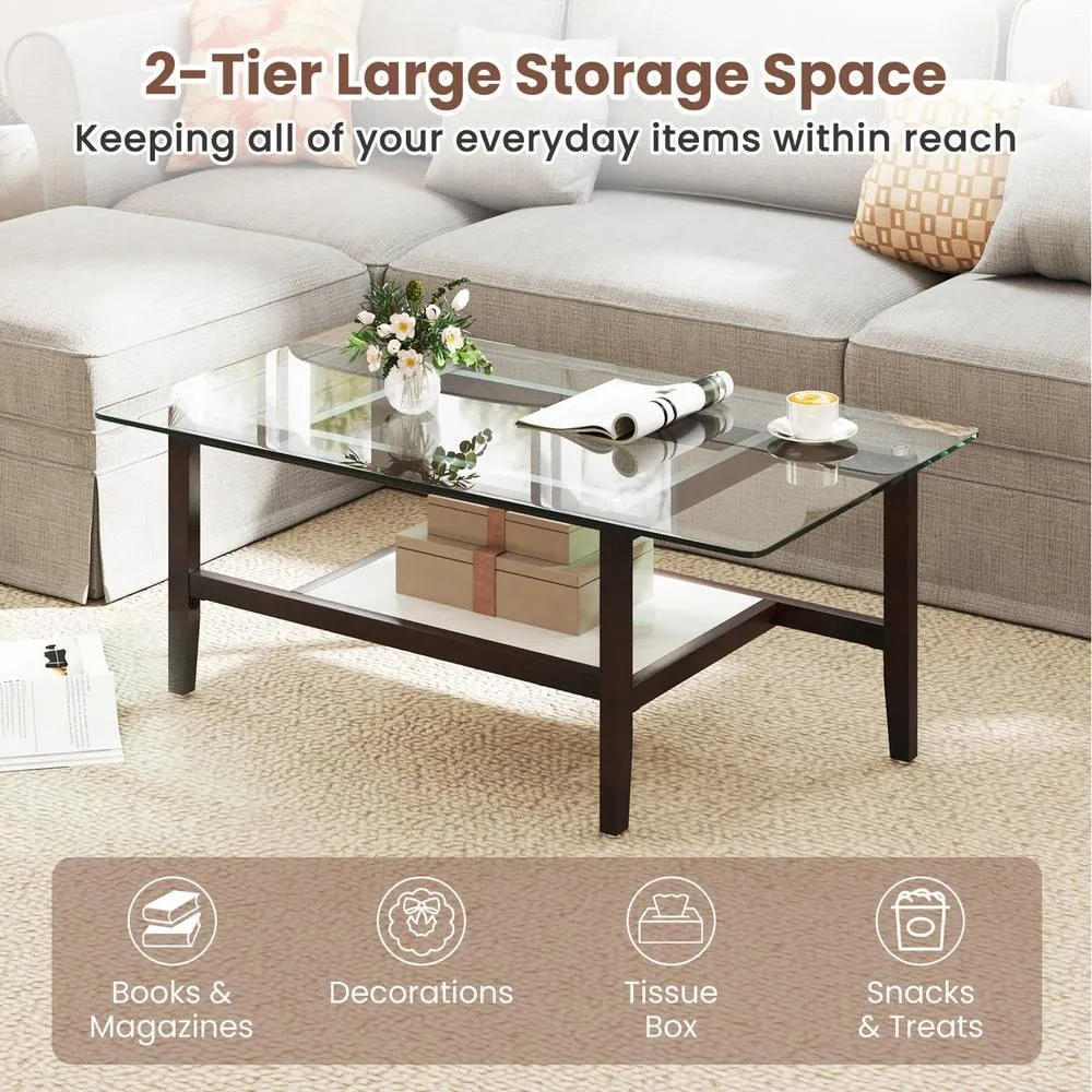 Costway Glass Coffee Table 2-Tier Coffee Table with Storage Shelf-Brown in Brown 3