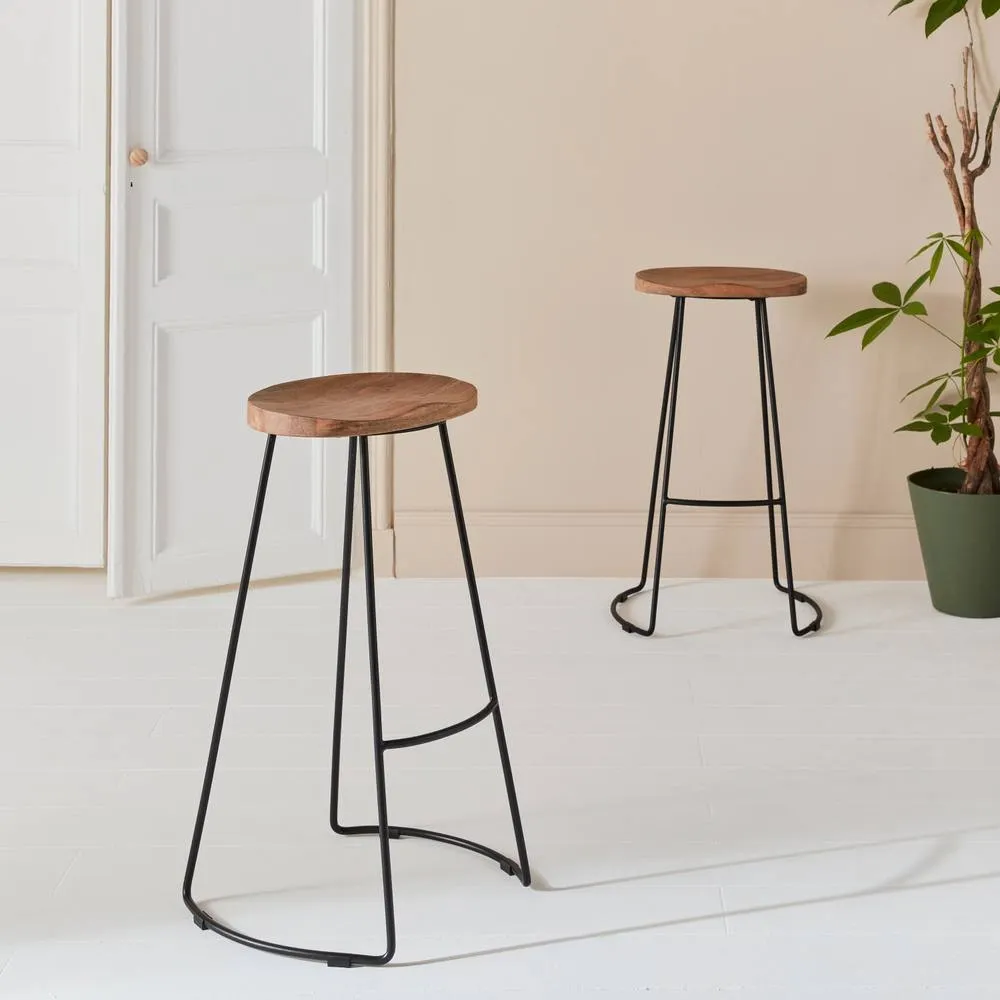 sweeek Pair Of Industrial Metal & Wooden Bar Stools in Light Brown