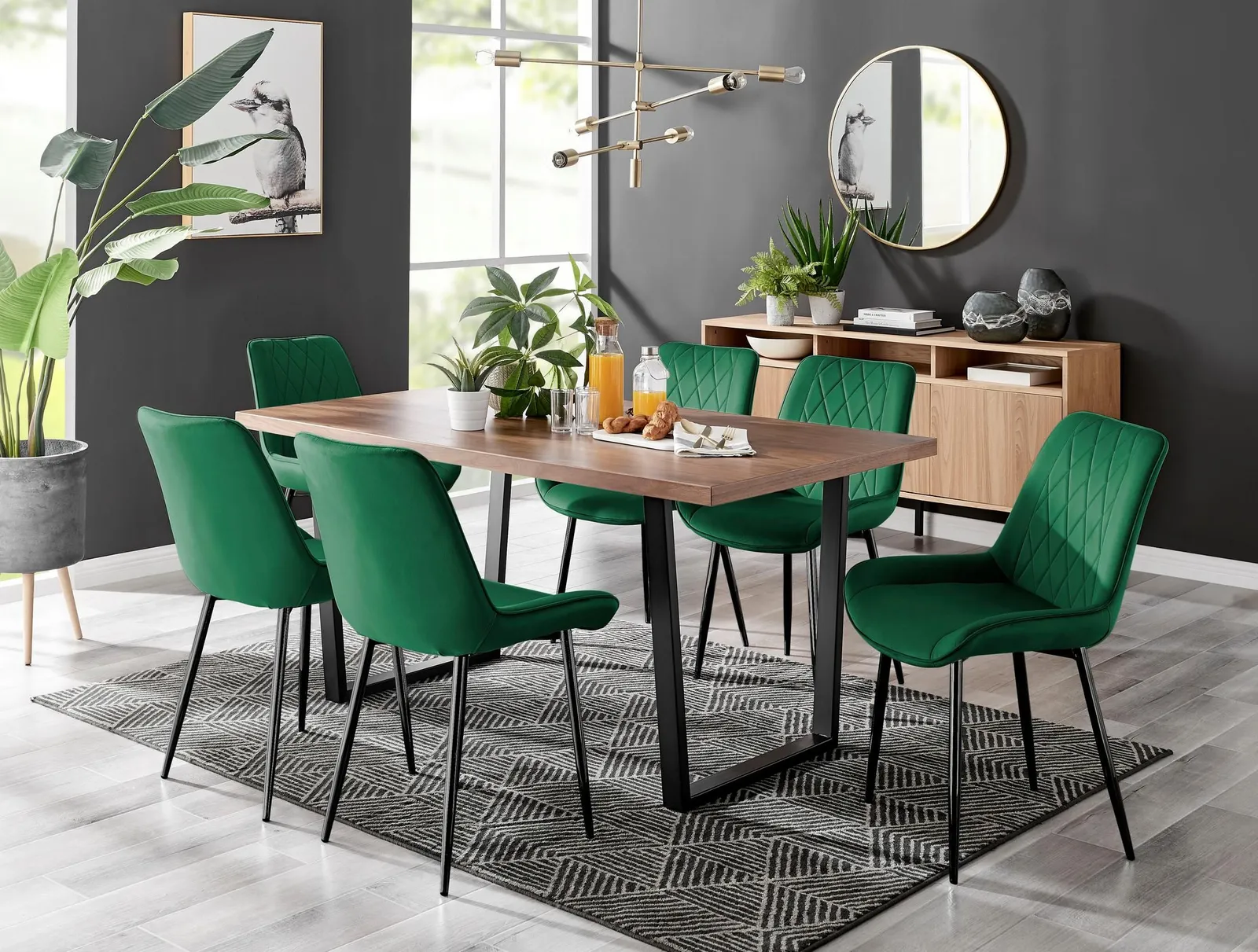 FurnitureboxUK Kylo Large Brown Wood Effect Dining Table & 6 Pesaro Velvet Black Leg Chairs in Green 1