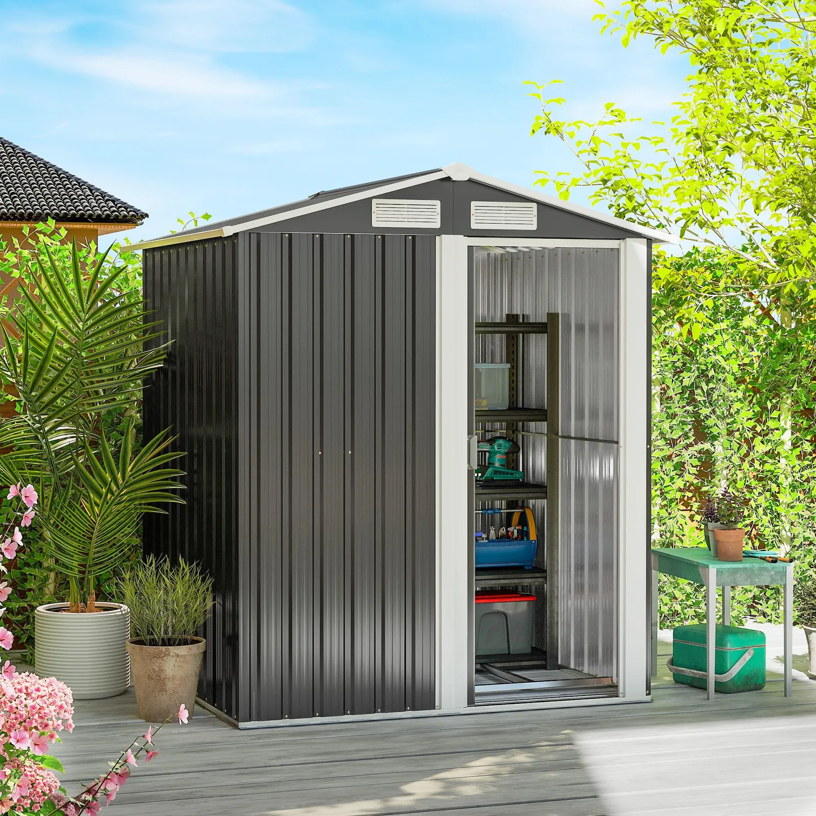 OUTSUNNY 5ft x 4.3ft Outdoor Metal Storage Shed with Sliding Door Sloped Roof in Grey