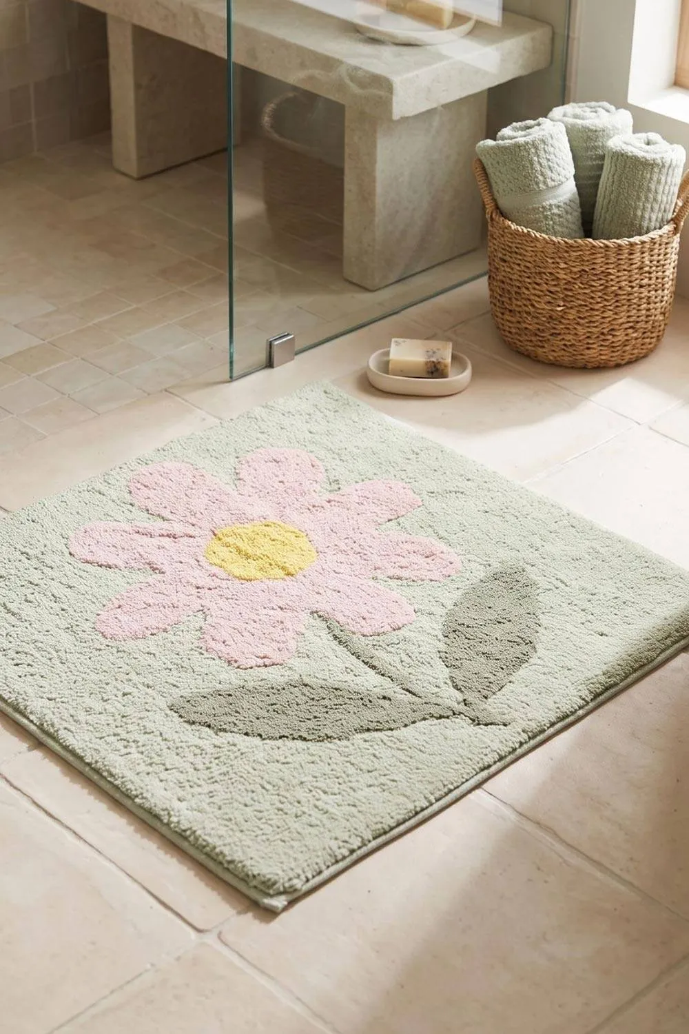 Homescapes Wild Flower Square Shower Mat - 50x50cm in Green