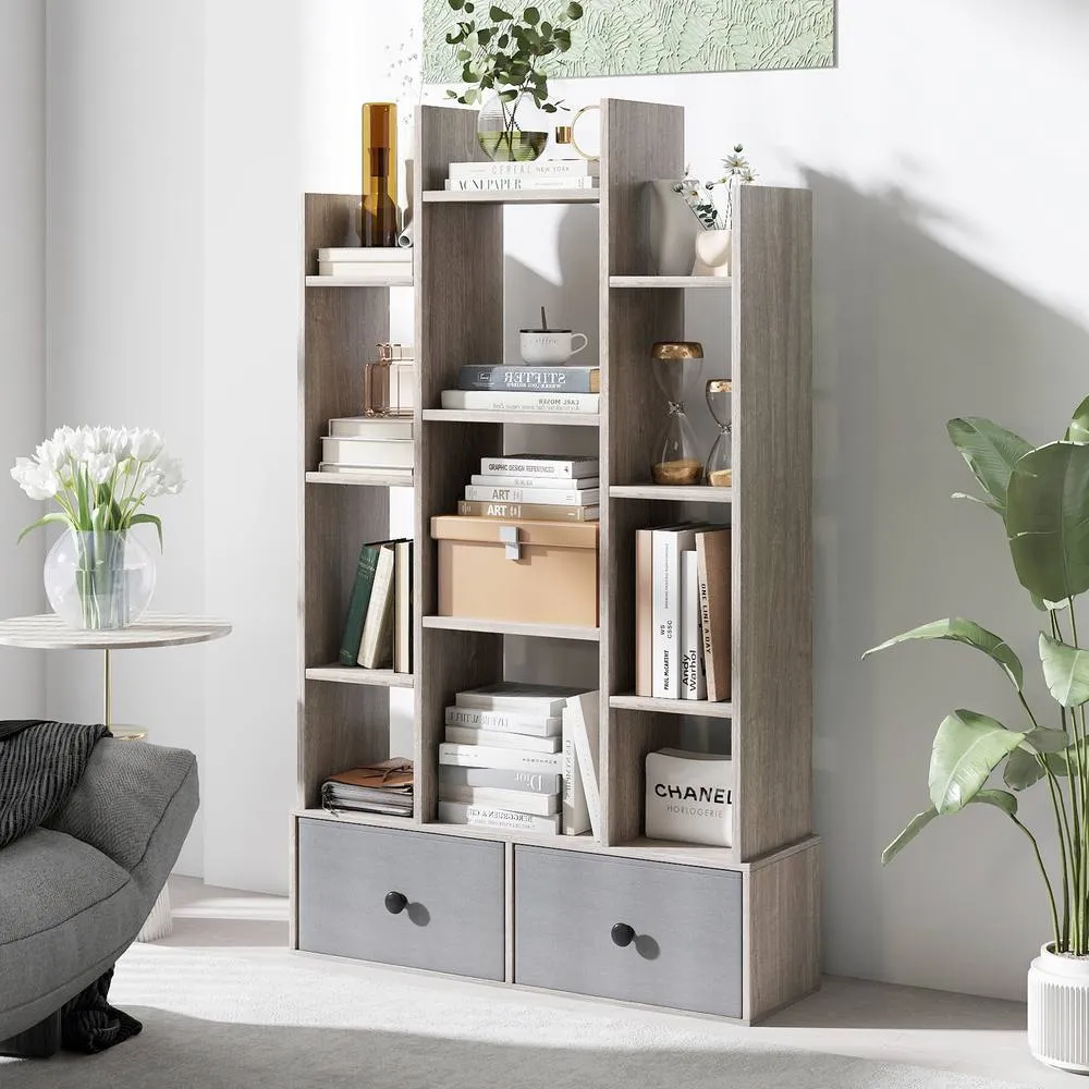 Costway 12 Tier Bookshelf Open Storage Wood Bookcase Organizer Display Shelf in Grey 6