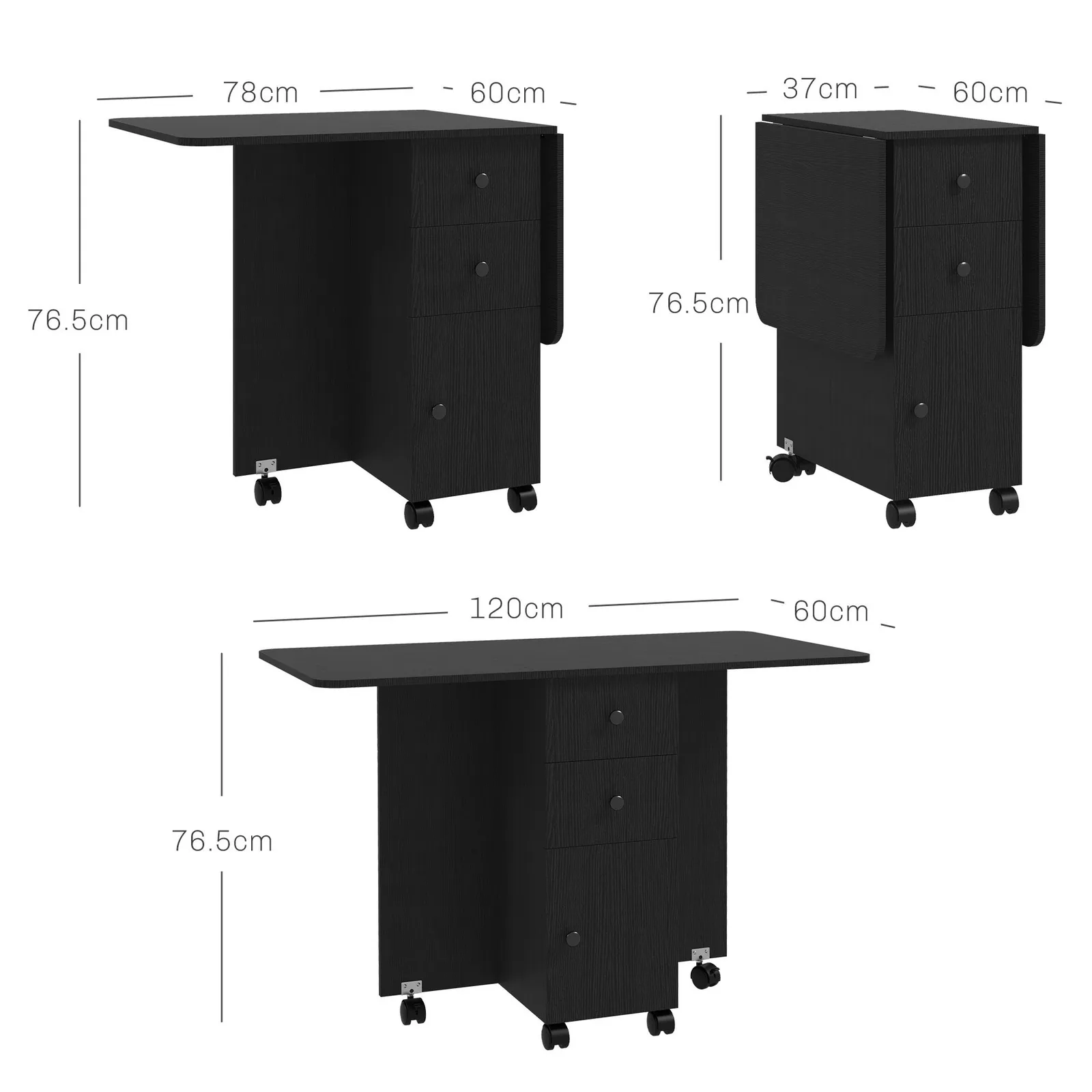 HOMCOM Folding Dining Table, Drop Leaf Table With Drawers in Black 3