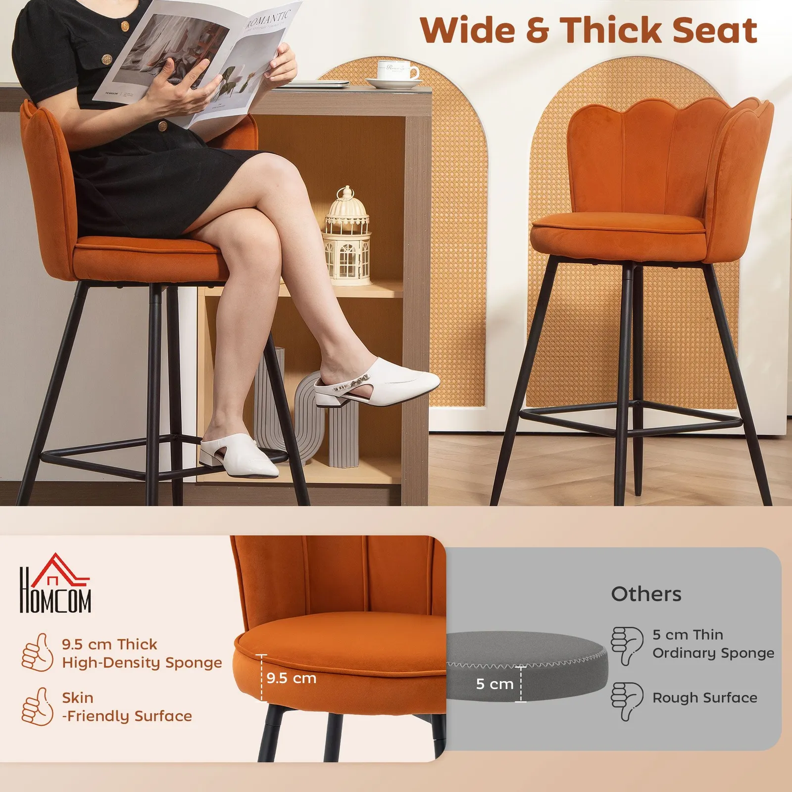HOMCOM Set of 2 Barstools with Petal Backrest for Kitchen Island Orange 4