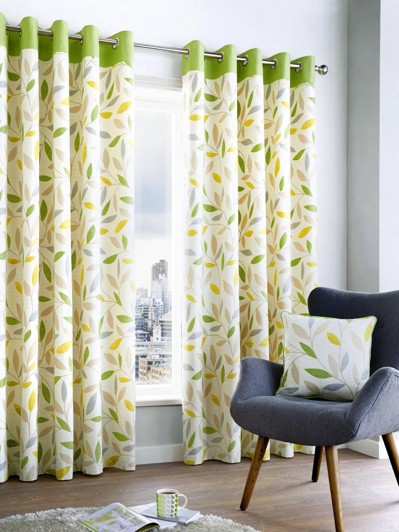 Fusion 'Beechwood' Leaf Trail Pair of 100% Cotton Eyelet Curtains in Green 4