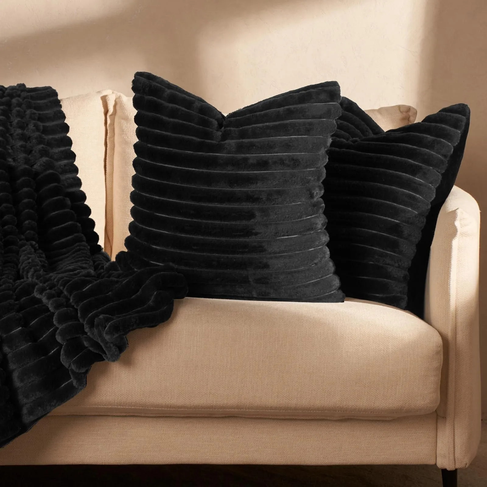 OHS 2 x Faux Fur Thick Rib Cushion Covers in Black