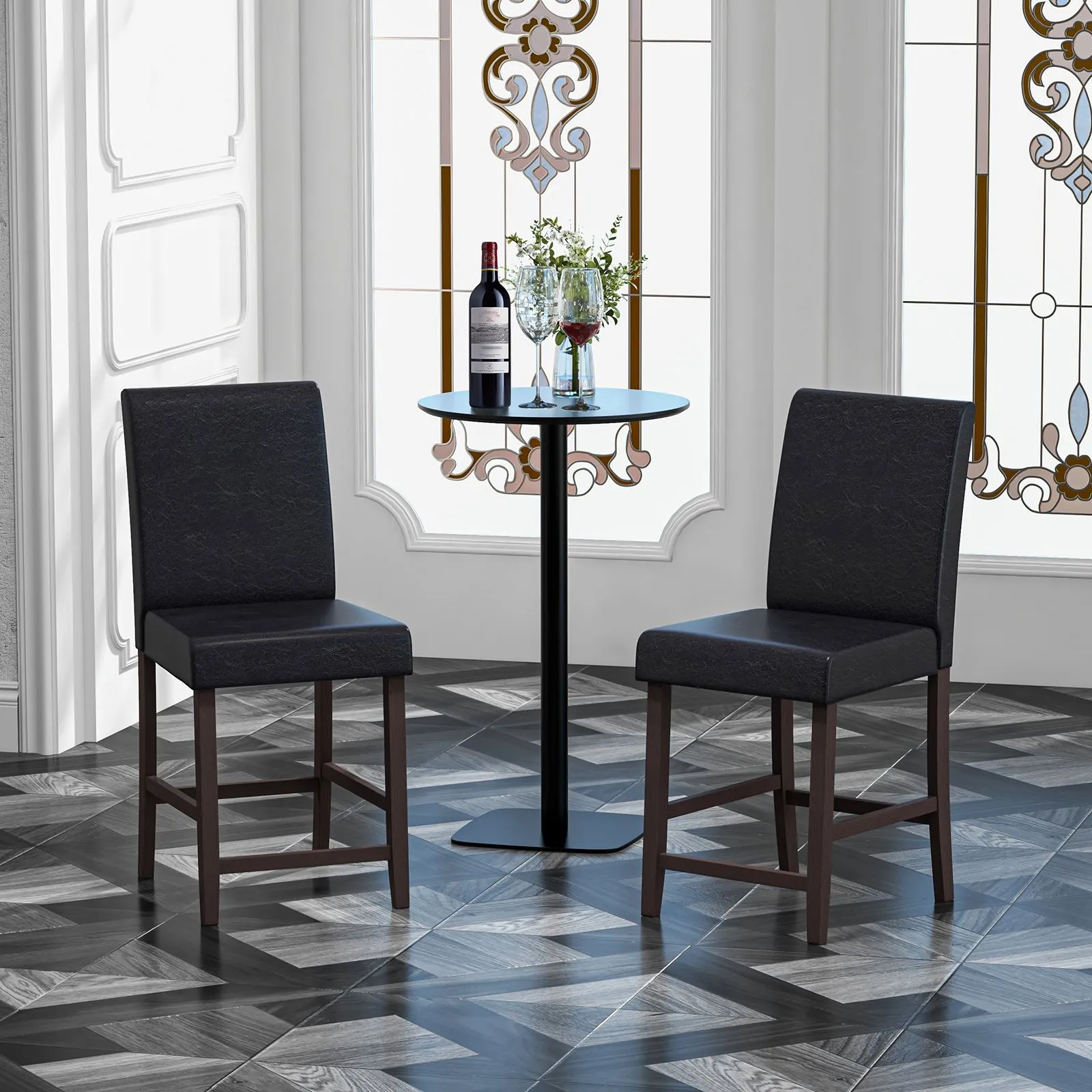 Costway 61cm Bar Stool Set of 2 PU Upholstered Counter Bar Chairs with Solid Rubber Wood Legs & Ergonomic Back in Black 4