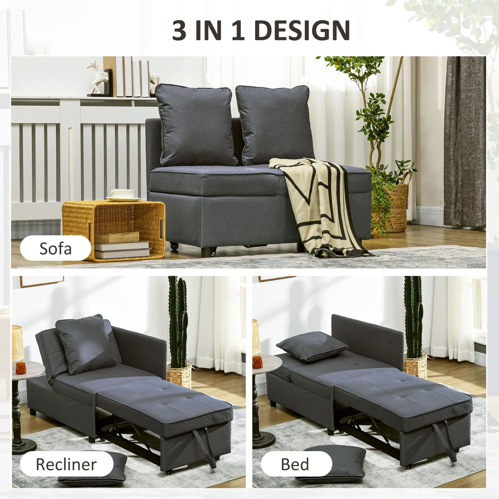 HOMCOM Folding Sleeper Sofa Bed Chair with Pillows, Pocket in Grey 4
