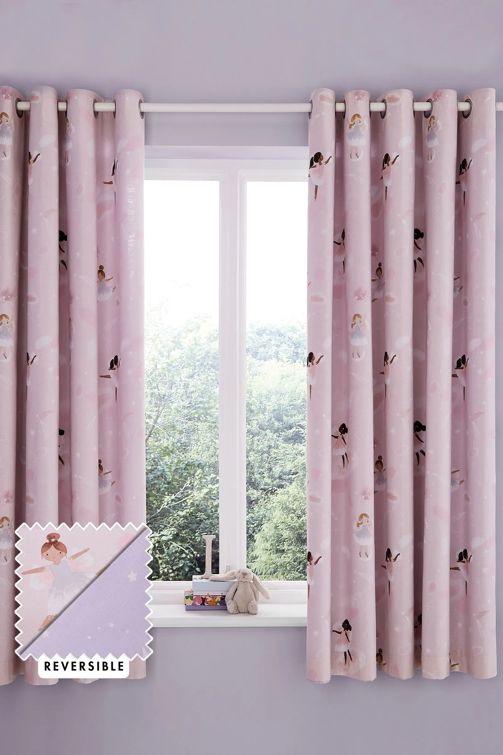 Catherine Lansfield 'Dancing Fairies' Reversible Eyelet Curtains in Pink