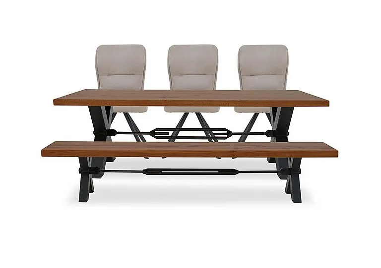 Terra Straight Edge Dining Table with Tension Bolt X-Leg, Bench and 3 Taupe Fabric Swivel Chairs - 220-cm - Old Bassano