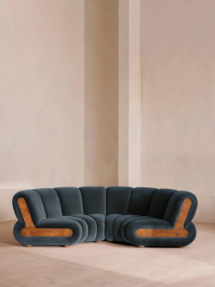 Noelle Modular Curved Sofa, Four Seater, Velvet, Grey Blue