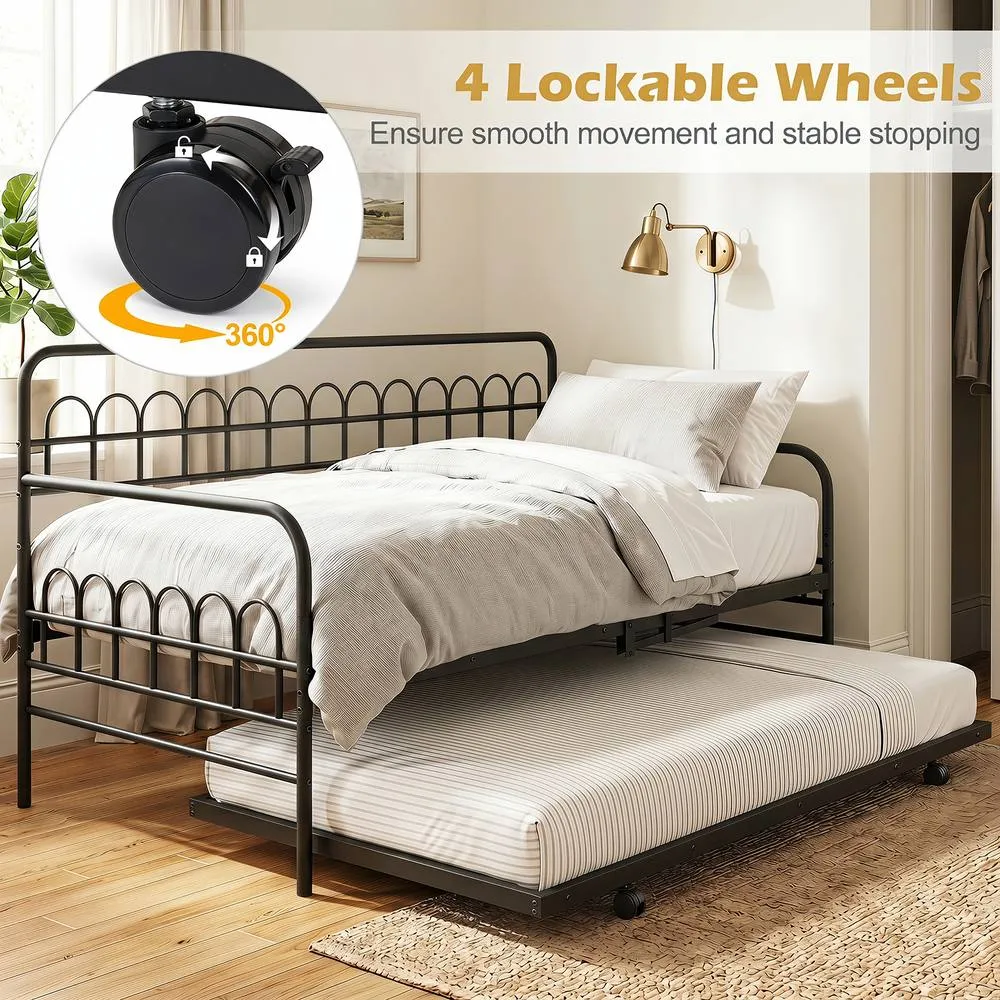 Costway Single Daybed with Trundle Metal Sofa Bed w/ Curved Backrest in Black 4
