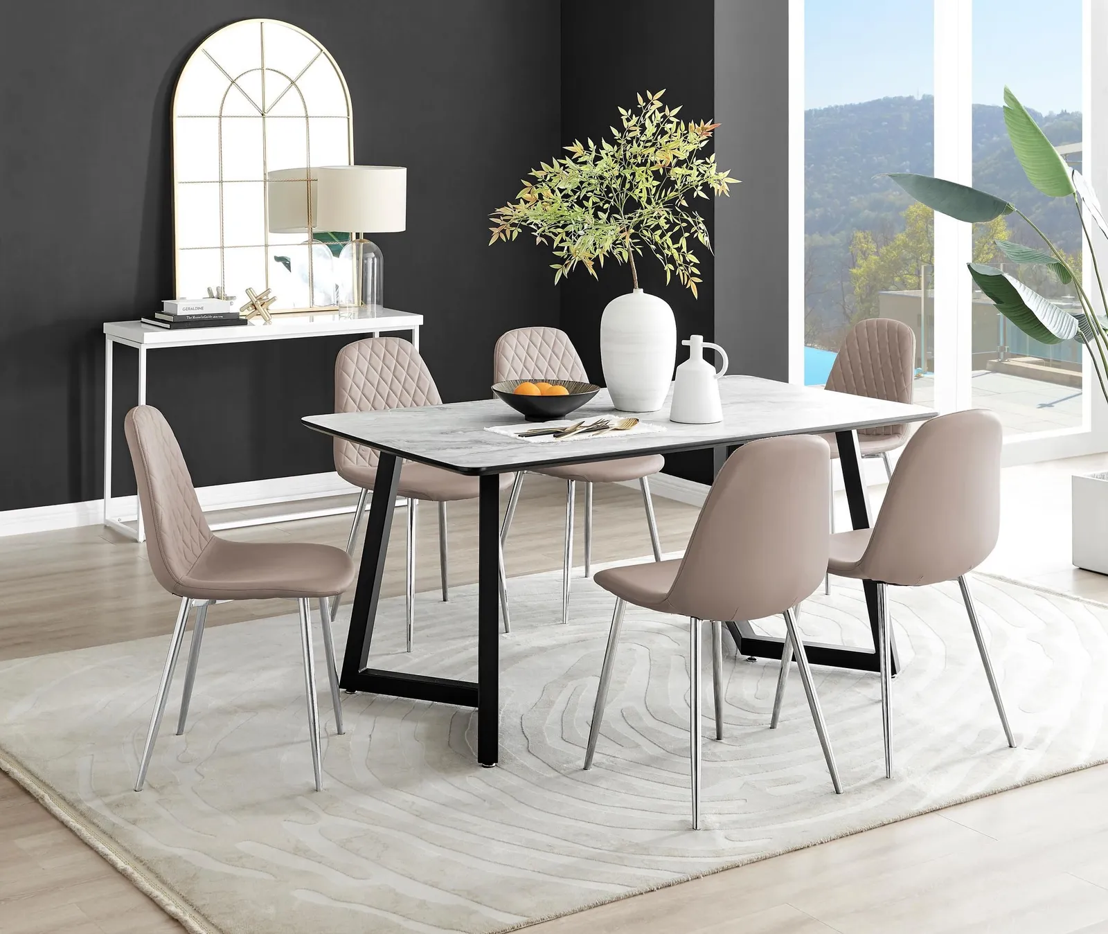 FurnitureboxUK Carson White Marble Effect Dining Table & 6 Corona Silver Chairs in Beige 1