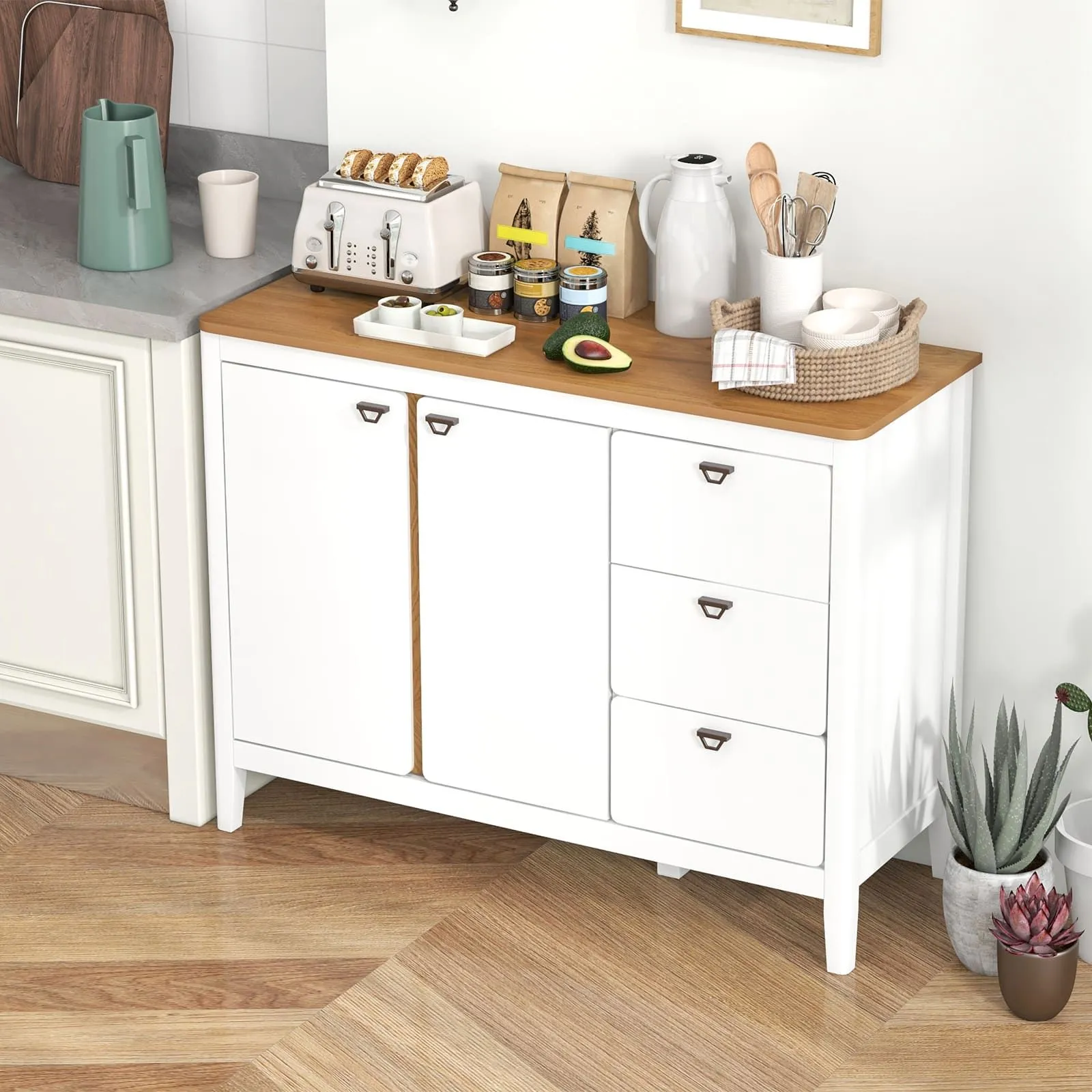 Costway Buffet Cabinet Wooden Kitchen Cupboard w/2 Door & 3 Pull-out Drawers in White 5