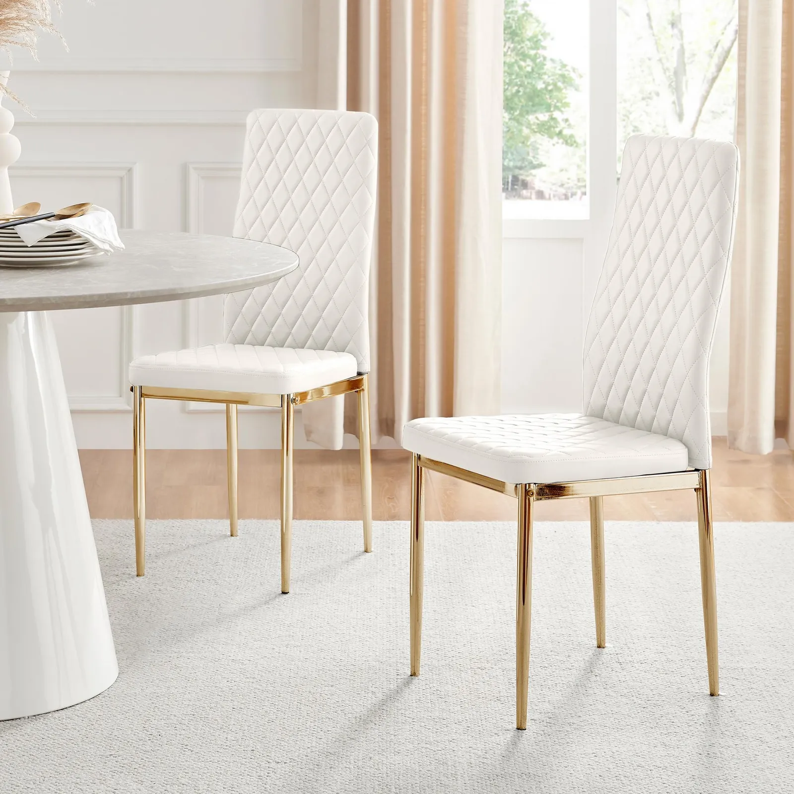 FurnitureboxUK Set of 4 Milan High Back Soft Touch Diamond Pattern Faux Leather Dining Chairs With Gold Chrome Metal Legs in White