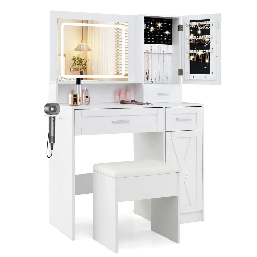 Costway Makeup Vanity Desk Farmhouse Dressing Table & Stool Set w/ Drawers in White