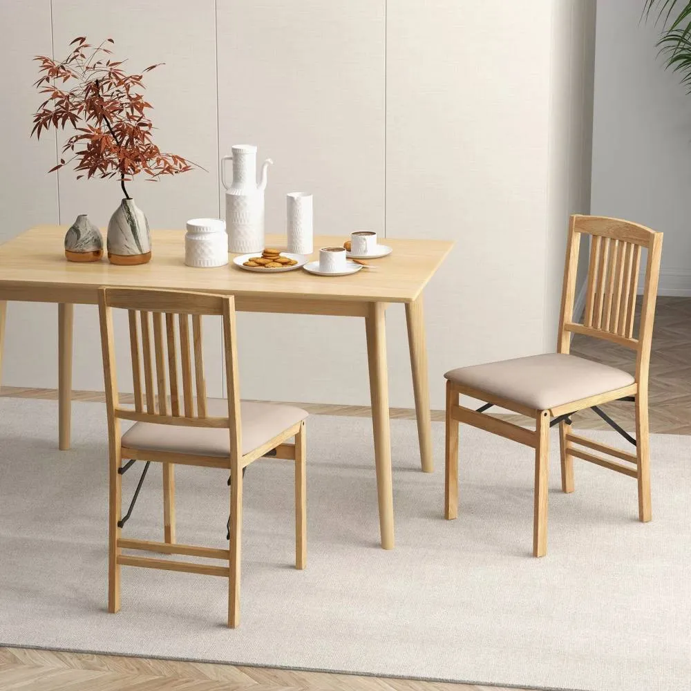 Costway Folding Dining Chairs Set of 2 Foldable Upholstered Kitchen Chairs in Beige 3