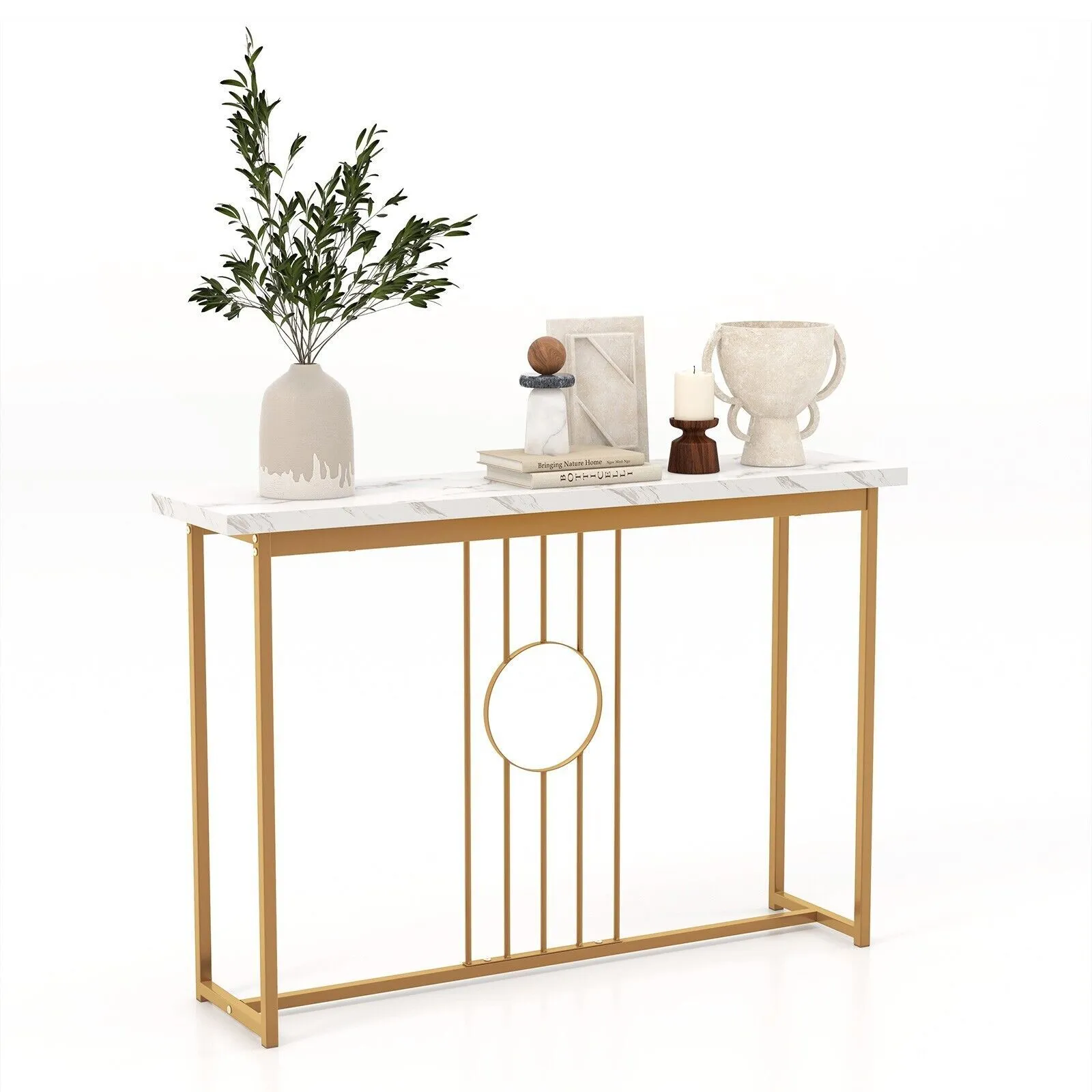 Costway 120cm Narrow Console Table Faux Marble Sofa Side End Table W/ Metal Frame in Gold