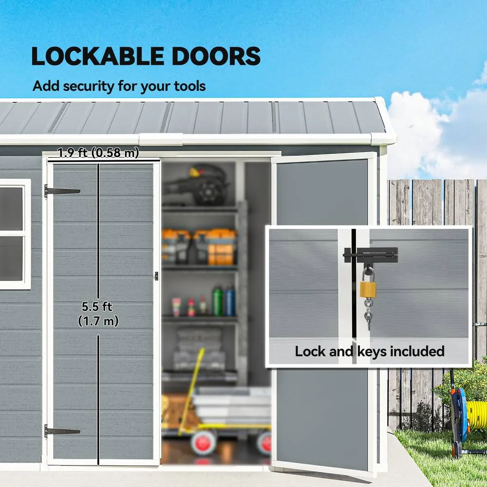 OUTSUNNY 8 x 4 ft Resin Garden Shed with Floor, Lockable Doors in Light Grey 6