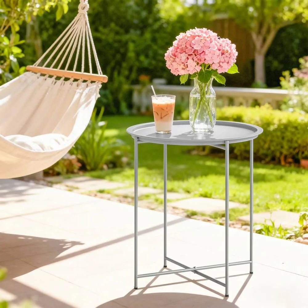 OUTSUNNY 46cm Round Garden Table Side Table with Removable Tray, White in Light Grey