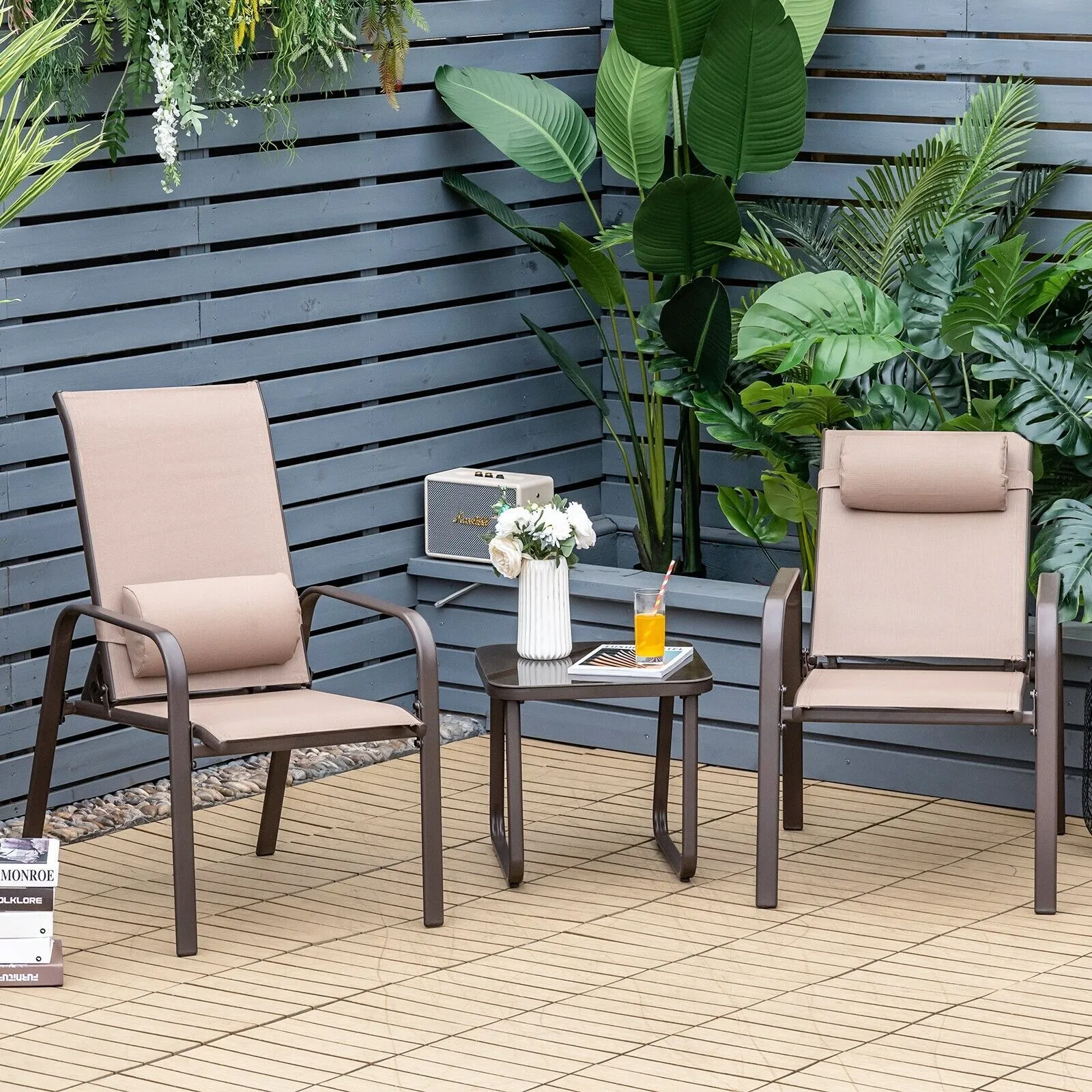 Costway 3-Piece Patio Bistro Furniture Set Outdoor Coffee Table Stackable Chairs Set in Brown 3