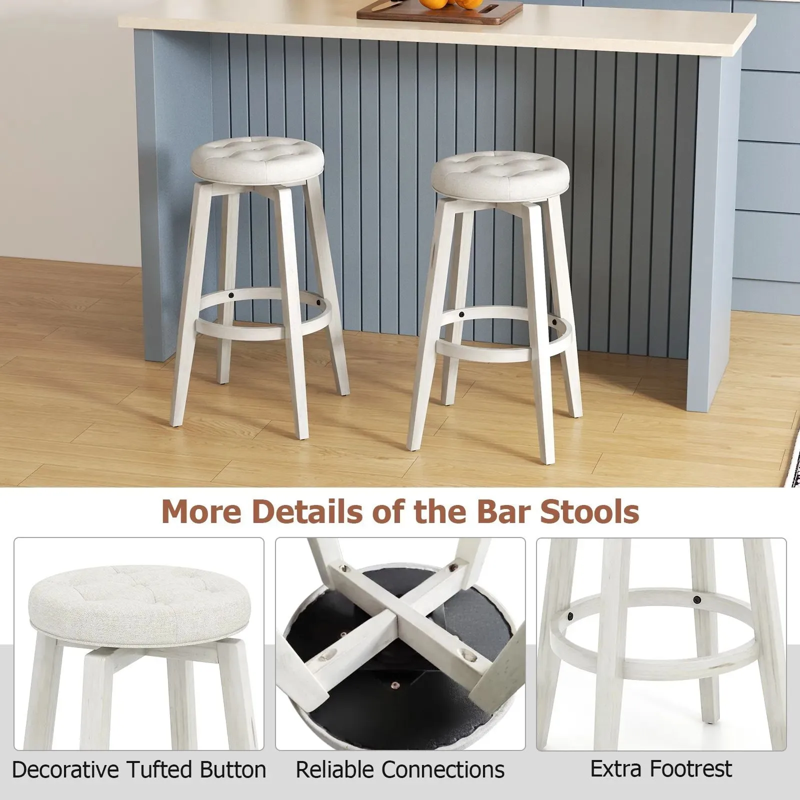 Costway Set of 2 Bar Stools Kitchen Upholstered Chair 360 Swivel Pub Stool 76cm in Beige 4