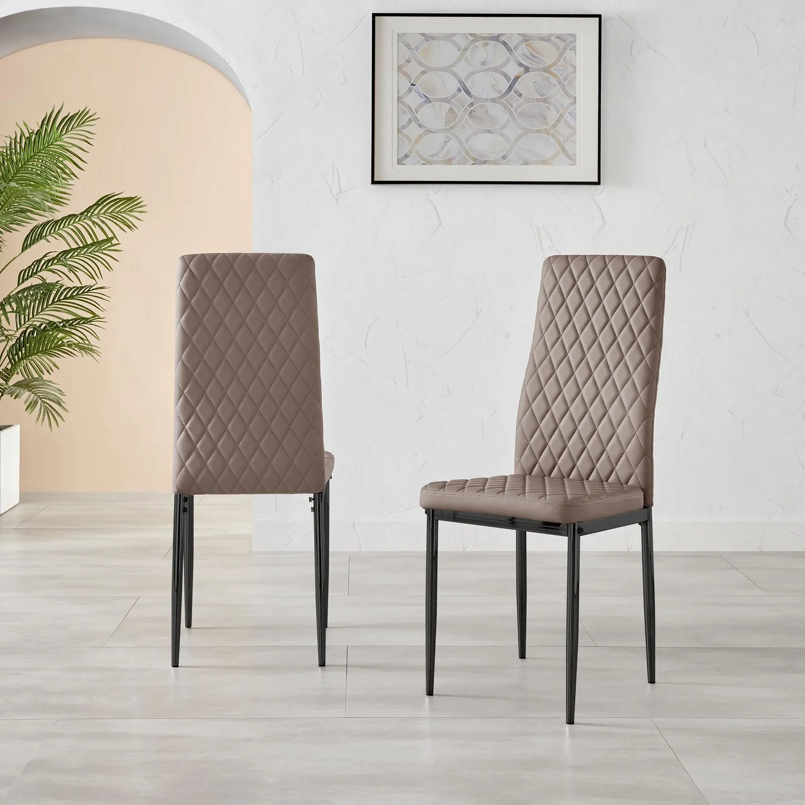FurnitureboxUK Set of 6 Milan High Back Soft Touch Diamond Pattern Faux Leather Dining Chairs With Black Powder Coated Metal Legs in Beige 3