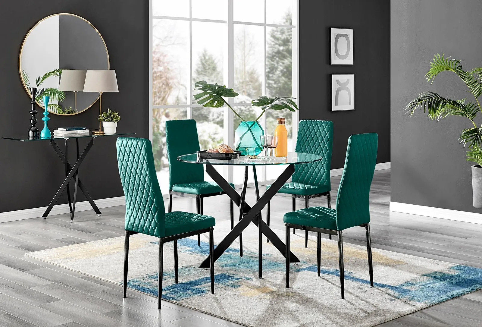 FurnitureboxUK Novara 4 Seater Black Leg Round Glass Dining Table & 4 Milan Soft Velvet Black Leg Chairs in Green 1