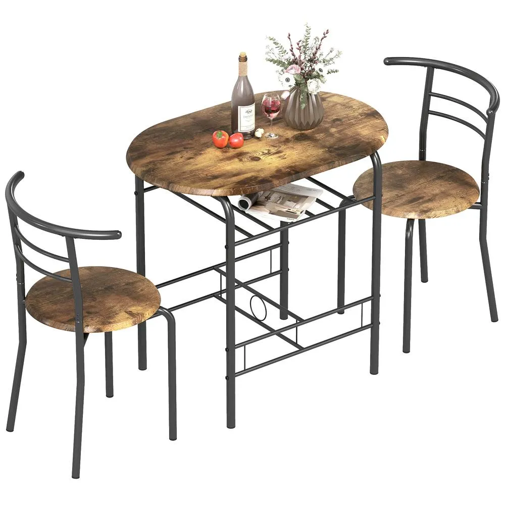HOMCOM Breakfast Bar Table & Stools Set, Dining Room Set with Shelf in Dark Brown