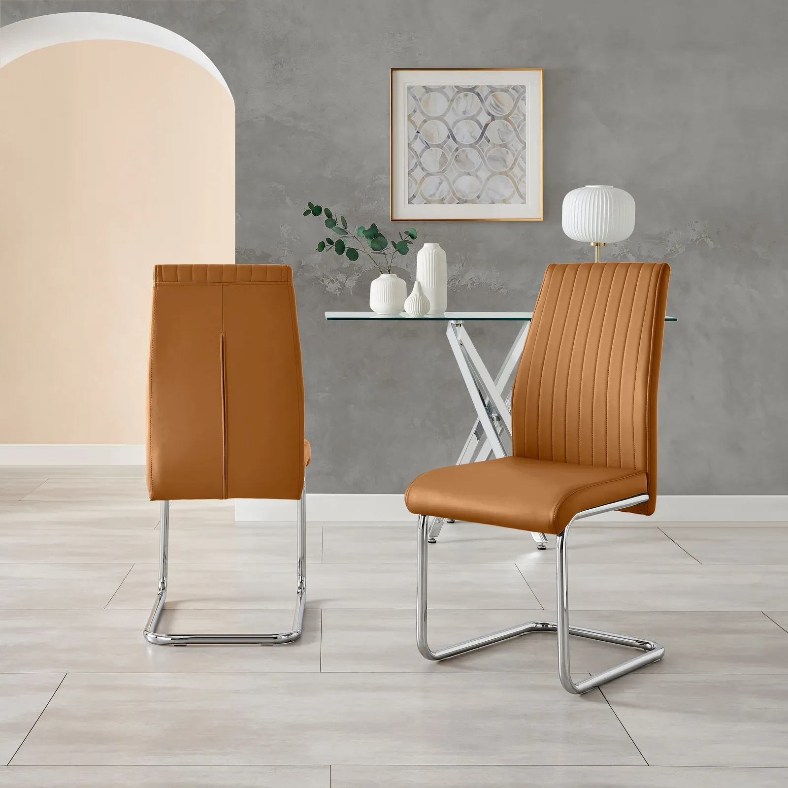 FurnitureboxUK Lorenzo 2x Tan Faux Leather Silver Leg Dining Chair 3