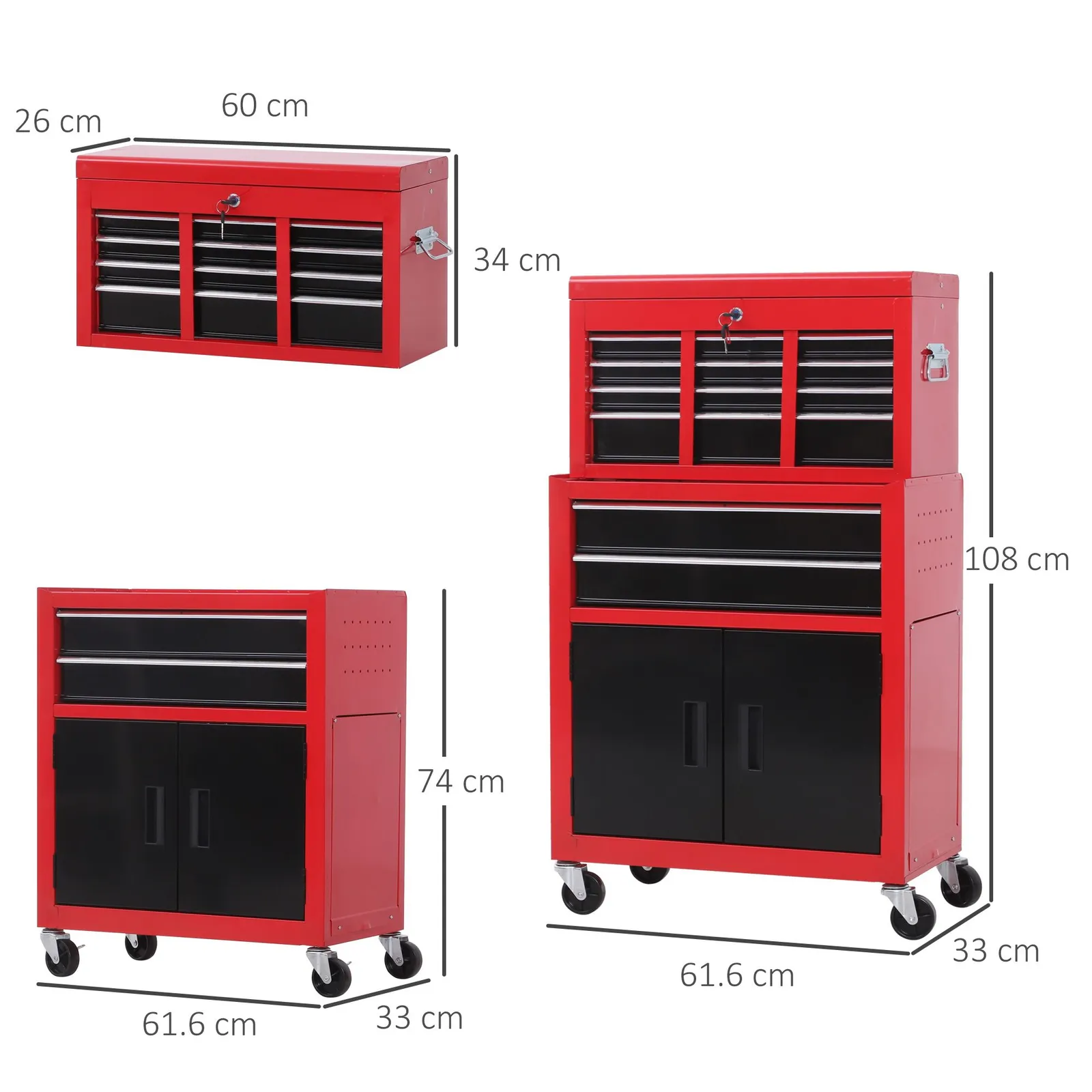 HOMCOM Portable Toolbox Tool Top Chest Box Rollcab Roll Cab Cabinet in Red 3