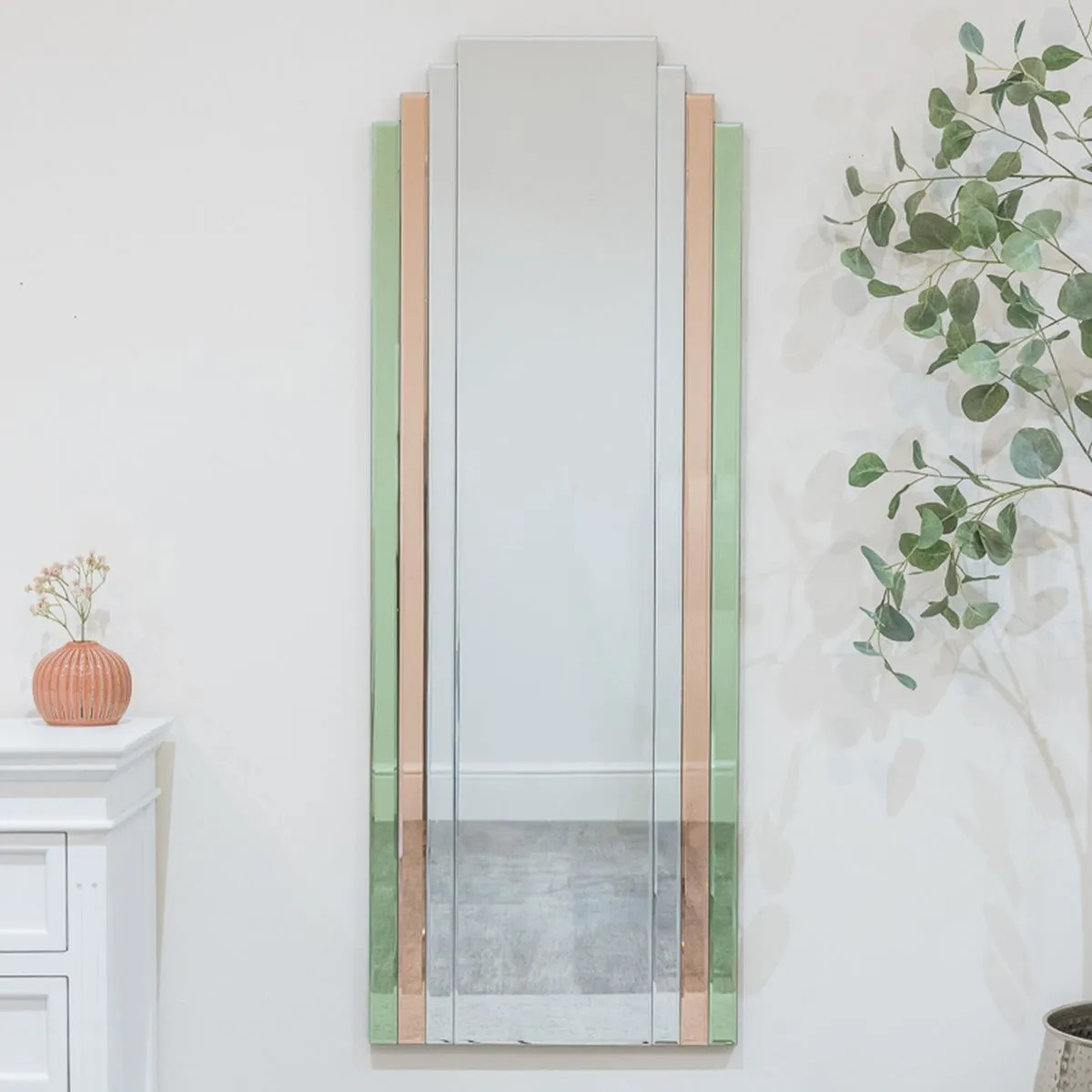 Melody Maison Large Frameless Pink & Green Glass Art Deco Wall Mirror 52cm X 142cm 6