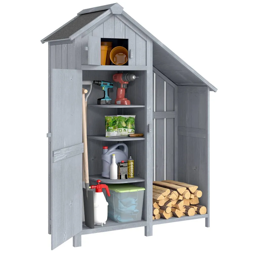 OUTSUNNY Fir Garden Storage Shed With Shelves Log Rack, For Garden Tools in Grey 2