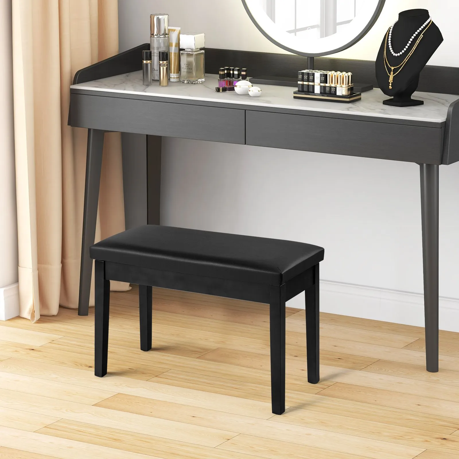 Costway 2-in-1 PU Leather Piano Bench Double Duet Seat W/Padded Cushion Music Storage in Black 2