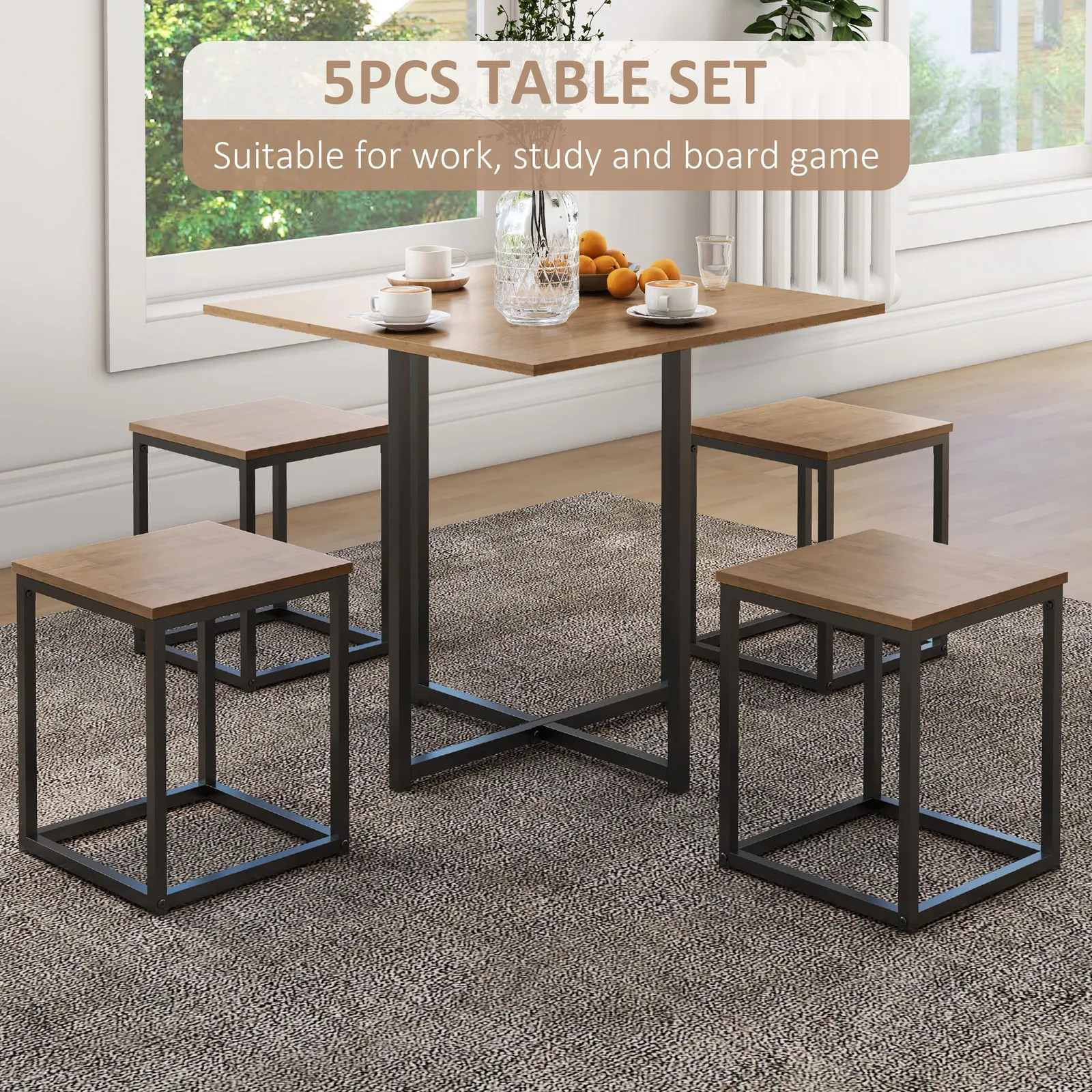 HOMCOM Compact 5pc Kitchen Dining Set Wood Bar Table Chair Home Space Saving in Light Brown 4