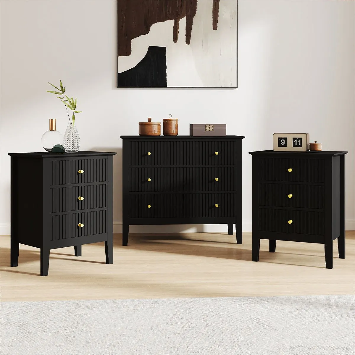 Melody Maison 3 Drawer Chest Of Drawers & Pair Of Bedside Tables - Hales Black Range