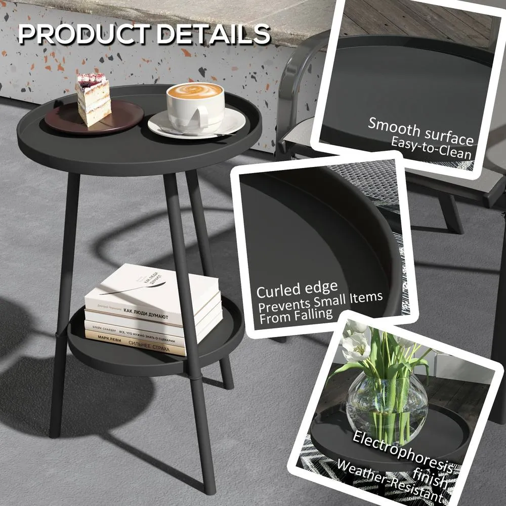 OUTSUNNY Round Garden Table, 2-Tier Metal Patio Table Coffee Table, Black 5