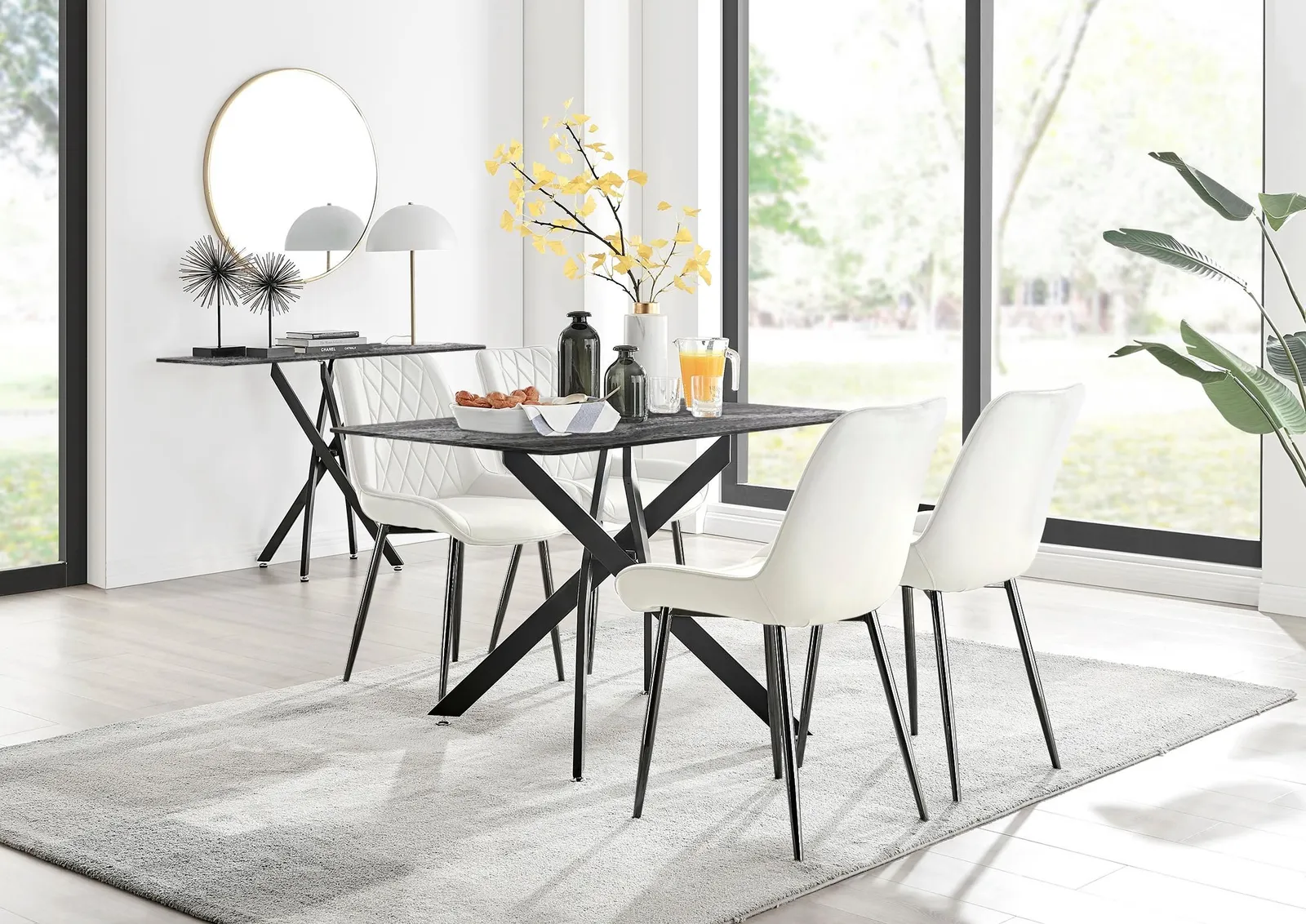 FurnitureboxUK Leonardo Grey Glass Marble Effect Black Leg Table & 4 Pesaro Black Leg Chairs in Cream 1
