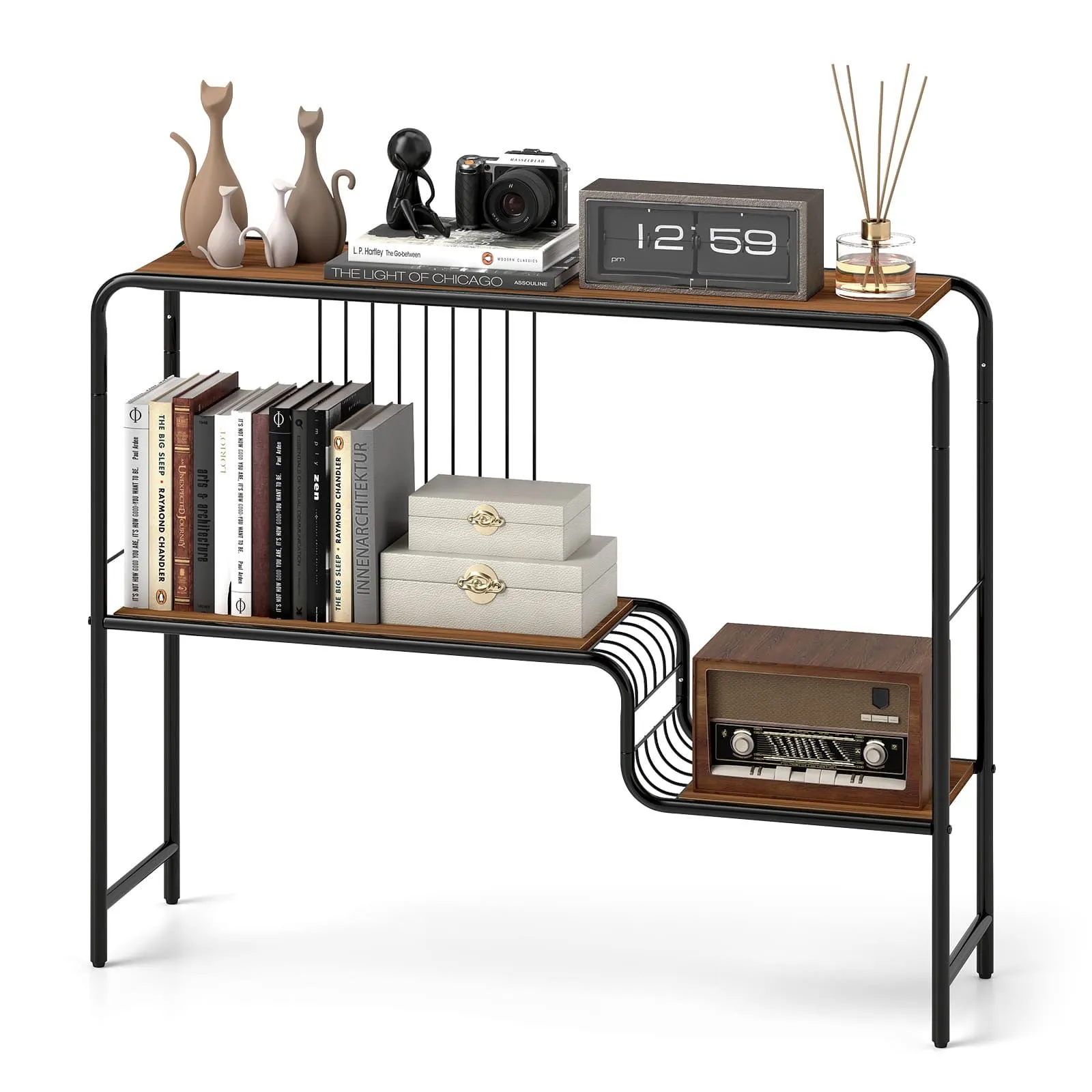 Costway Console Table Entryway Table with Storage Shelf & Metal Frame-Coffee in Walnut